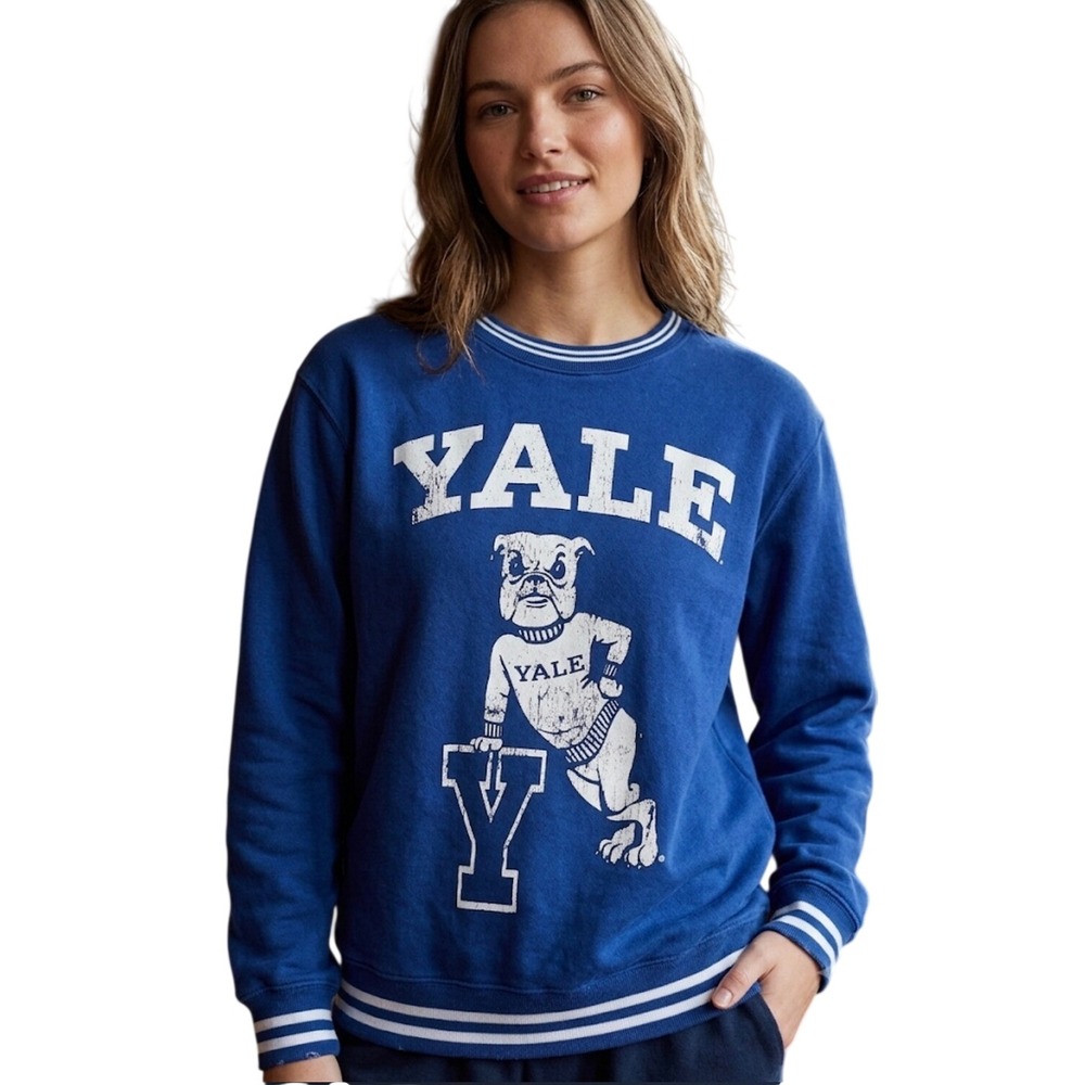 Yale University Bulldog Graphic Sweatshirt Blue Striped Trim Pullover Size Large